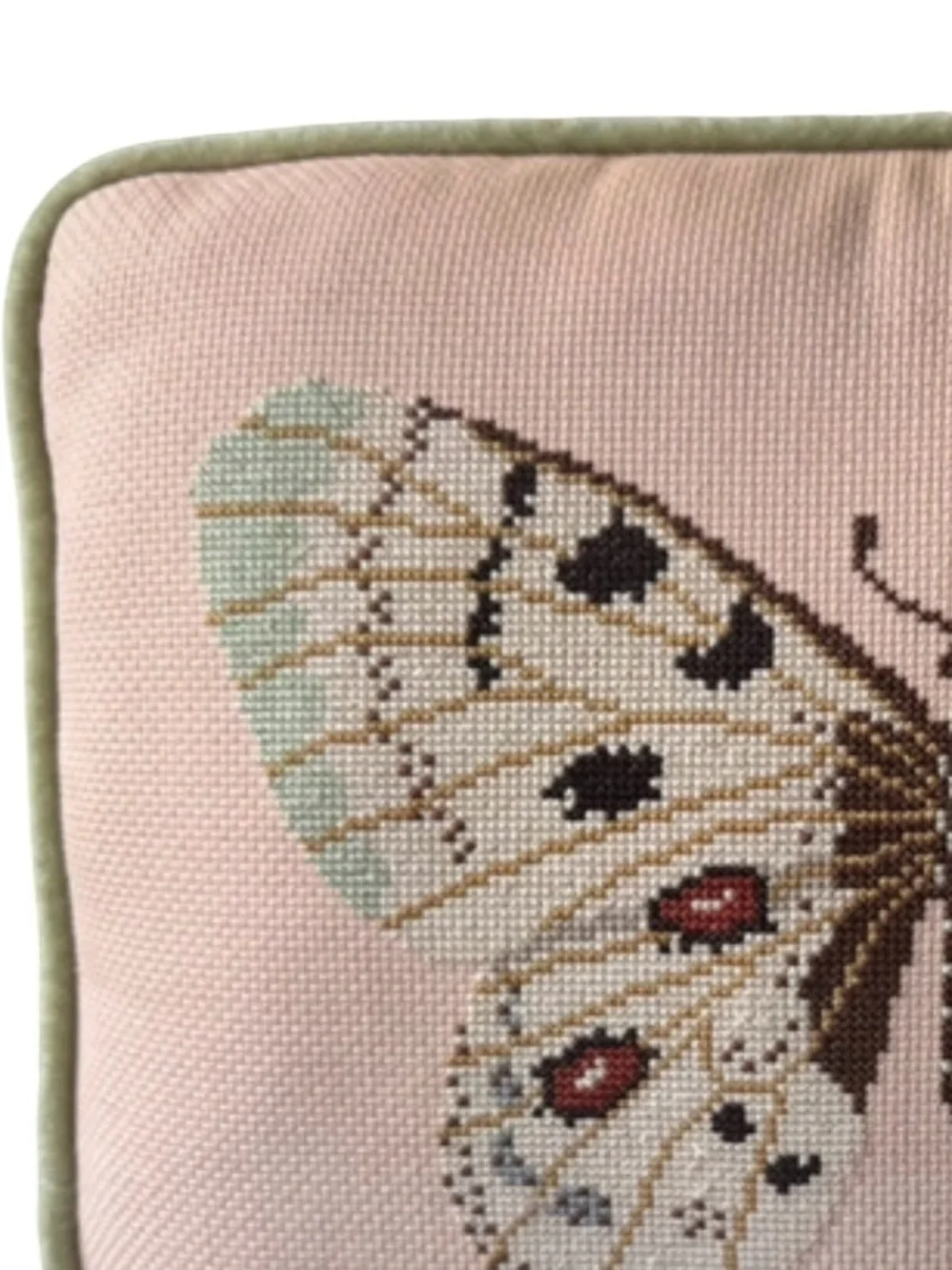 Pink Butterfly Embroidered Accent Pillow with Green Piping
